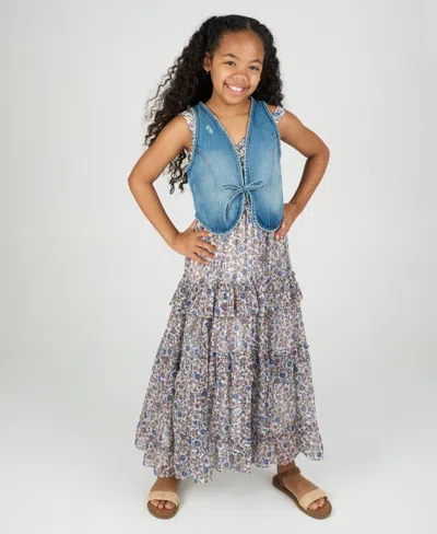Rare Editions Kids' Big Girls 2-piece Floral Maxi With Denim Vest And Dress Set In Blue