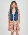 Rare Editions Big Girls 2-piece Lurex Chiffon With Denim Vest And Dress Set In Brown