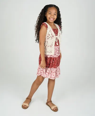 Rare Editions Kids' Big Girls 2-piece Mixed Floral With Crochet Vest And Dress Set In Brown