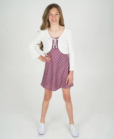 Rare Editions Kids' Big Girls 2-piece Plaid Dress With Pointelle Tie Front Cardigan Set In Burgundy