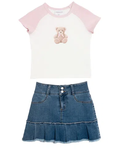 Rare Editions Kids' Big Girls 2-piece Raglan T-shirt And Denim Skort Set In Multi