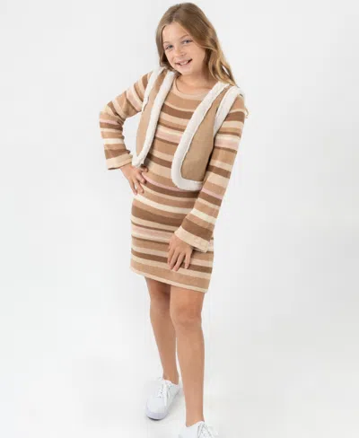 Rare Editions Kids' Big Girls 2-piece Striped Knit Dress With Reversible Vest Set In Brown
