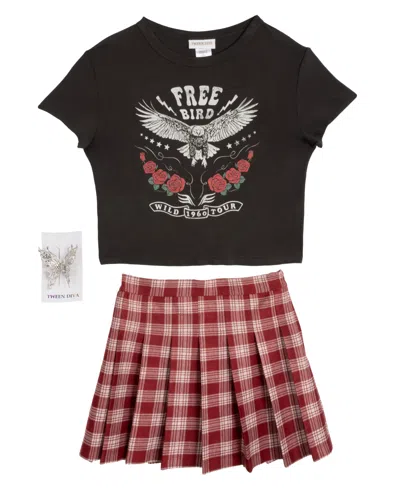 Rare Editions Kids' Big Girls 2-piece T-shirt And Plaid Pleated Skort Set And Butterfly Hair Clip In Red