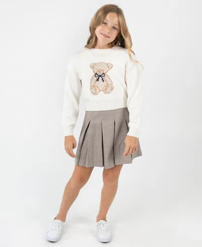 Rare Editions Kids' Big Girls 2 Piece Teddy Bear Sweater And Plaid Skirt Dress Set In White
