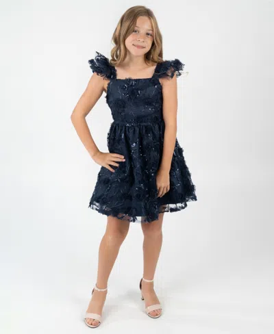 Rare Editions Kids' Big Girls 3d Floral Embroider Mesh Social Dress In Blue