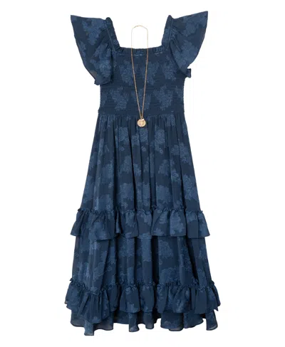 Rare Editions Kids' Big Girls Burnout Chiffon Maxi Dress With Necklace, 2-piece Set In Blue