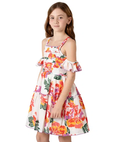 Rare Editions Kids' Big Girls Cold-shoulder Floral-print Dress In Orange
