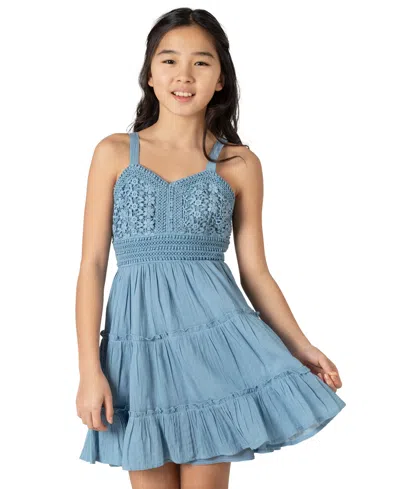 Rare Editions Kids' Big Girls Crochet & Gauze Tie-back Dress In Blue