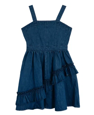 Rare Editions Kids' Big Girls Denim Ruffle With Asymmetrical Skirt Dress In Blue