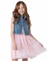 RARE EDITIONS BIG GIRLS DENIM VEST AND EMBROIDERED DRESS OUTFIT, 2 PC