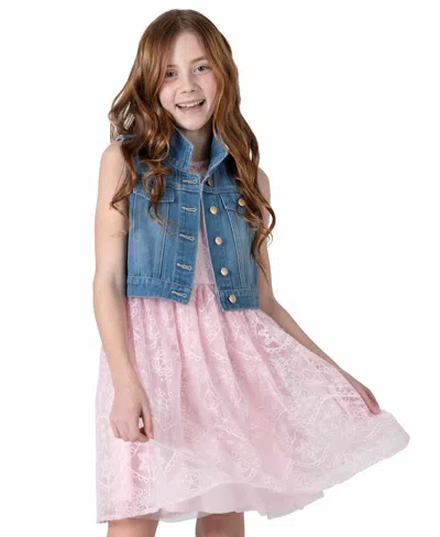 Rare Editions Kids' Big Girls Denim Vest And Embroidered Dress Outfit, 2 Pc In Blush