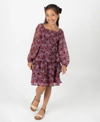 Rare Editions Kids' Big Girls Floral Chiffon Dress With Hair Accessory In Burgundy