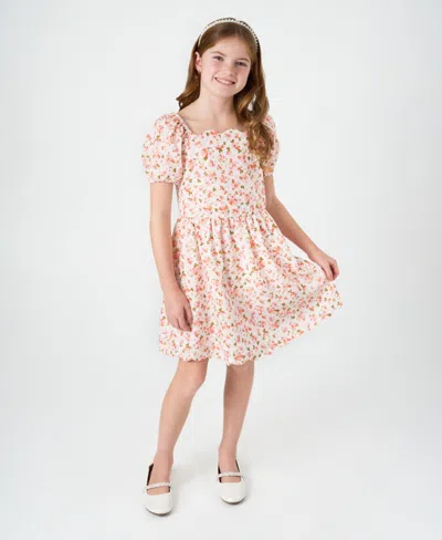 Rare Editions Kids' Big Girls Floral Eyelet Scalloped Hem Dress In Orange