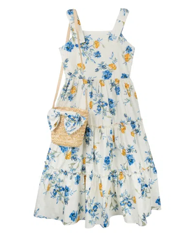 Rare Editions Kids' Big Girls Floral Maxi Dress With Straw Bag, 2 Pc In Ivory