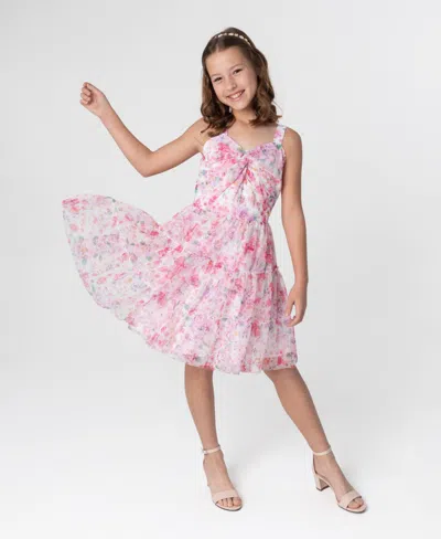 Rare Editions Kids' Big Girls Floral Mesh Social Dress In Fucshia