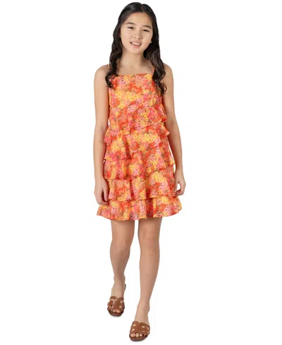 Rare Editions Kids' Big Girls Floral-print Chiffon Ruffle Dress In Orange
