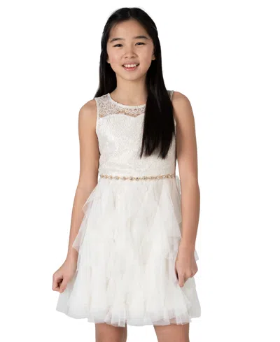 Rare Editions Kids' Big Girls Foil Lace Cascade Social Dress In Ivory