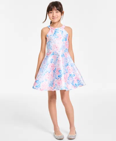 Rare Editions Kids' Big Girls Halter Floral Mikado Social Dress In Blue