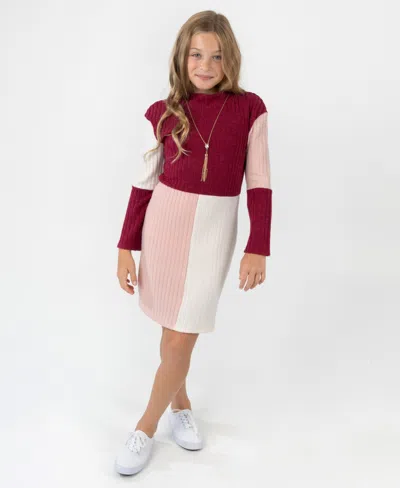 Rare Editions Kids' Big Girls Long Sleeve Dress With Necklace In Multi