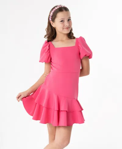 Rare Editions Kids' Big Girls Puff Sleeve Scuba Dress In Fucshia