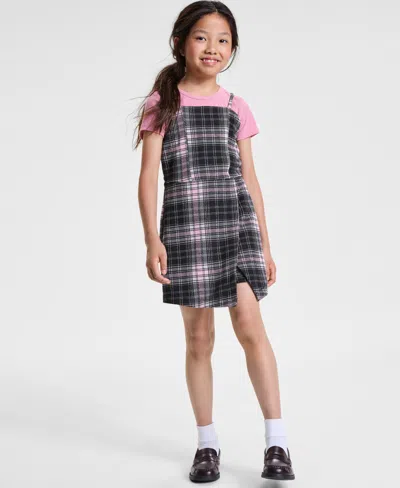 Rare Editions Kids' Big Girls Rib T-shirt & Plaid Shorts Jumper, 2 Piece Set In Black