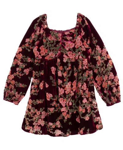 Rare Editions Kids' Big Girls Searington Road Floral Print Baby Doll Dress In Burgundy