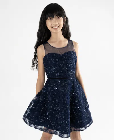 Rare Editions Kids' Big Girls Sequin Soutache Social Dress In Navy