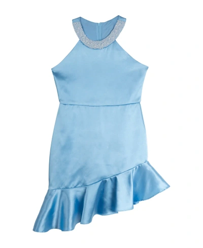 Rare Editions Kids' Big Girls Sleeveless Mikado And Imitation Pearl Halter Social Dress In Blue