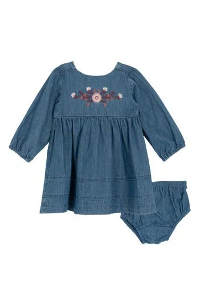 Rare Editions Babies'  Embroidered Long Sleeve Denim Dress In Blue