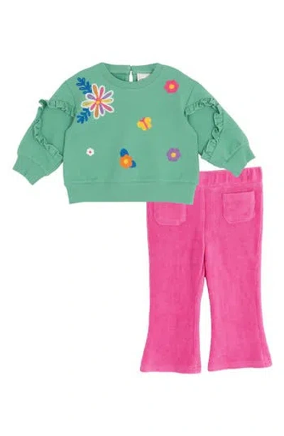 Rare Editions Babies'  Floral Sweatshirt & Corduroy Pants Set In Green