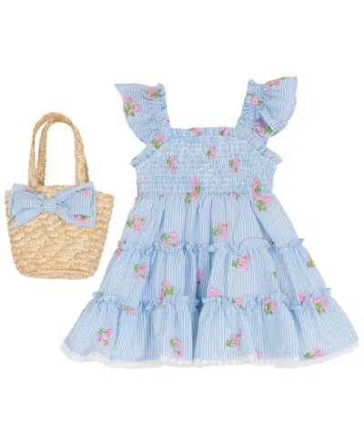 Rare Editions Kids' Girls' 2t-6x 2 Embroidered Square Neck Dress And Bag, 2-piece Set In Blue