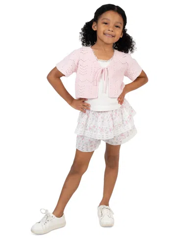 Rare Editions Kids' Girls' 2t-6x Crochet Short-sleeve Cardigan, Cami Top And Skort, 3-piece Set In Pink