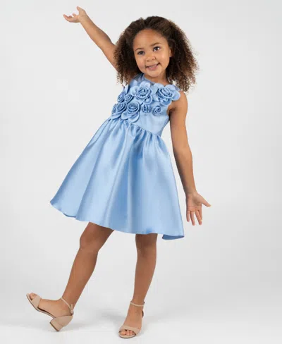 Rare Editions Babies' Girls' 2t-6x Illusion Neck 3d Rosettes On Bod Mikado Dress In Blue