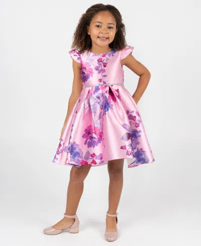 Rare Editions Kids' Girls 2t-6x Printed Mikado Hi-low Pleated Dress In Pink