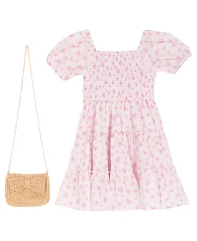 Rare Editions Kids' Girls' 2t-6x Smocked Tiered Floral Dress And Bag, 2-piece Set In Pink