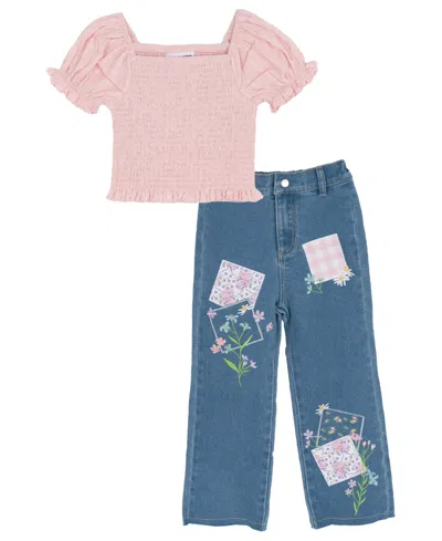 Rare Editions Kids' Girls' 2t-6x Smocked Top And Denim Pants, 2-piece Set In Pink