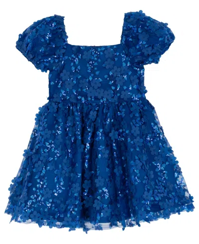 Rare Editions Kids' Girls 2t-6x Square Neck Floral Applique Mesh Dress In Blue
