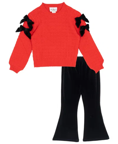 Rare Editions Kids' Girls' 2t-16 Long-sleeve Velvet-bow Top And Flare Pants, 2-piece Set In Multi