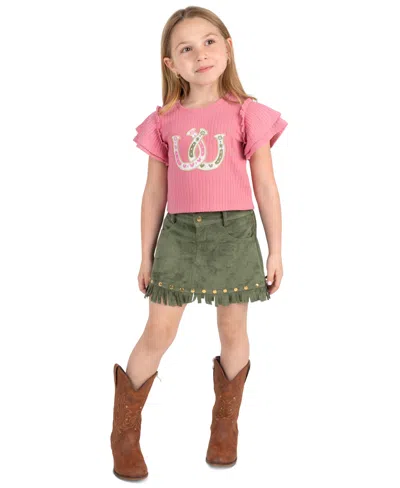 Rare Editions Kids' Girls' 2t-6x Applique Knit Top And Suede Fringe Skirt, 2-piece Set In Multi