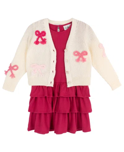 Rare Editions Kids' Girls' 7-16 Bow-embellished Cardigan And Tiered Dress, 2-piece Set In Multi