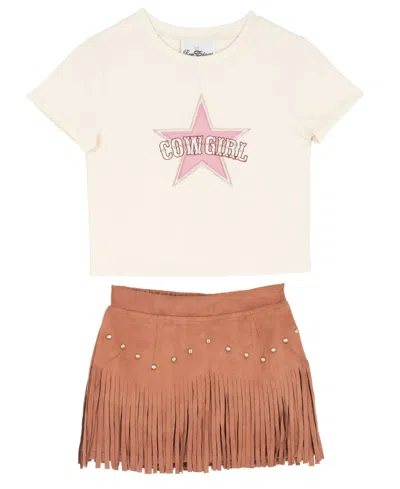 Rare Editions Kids' Girls' 2t-6x Cowgirl Graphic Knit T-shirt And Fringe Stud Skirt, 2-piece Set In White