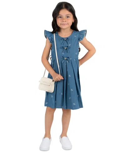 Rare Editions Kids' Girls' 2t-6x Demin Bow Pleated Dress With Bag In Blue