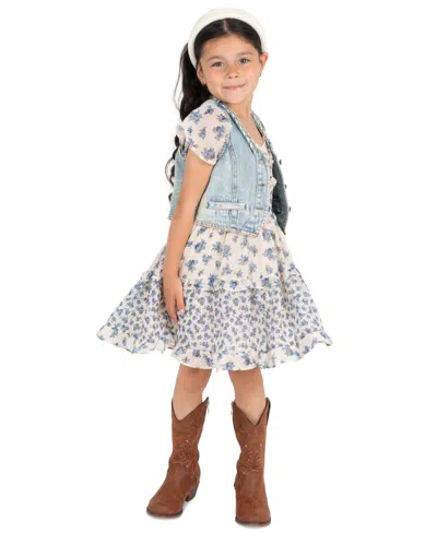 Rare Editions Kids' Girls' 2t-6x Denim Vest And Twin Printed Chiffon Dress, 2-piece Set In Multi
