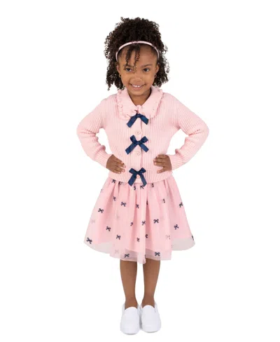 Rare Editions Kids' Girls' 2t-6x Embroidered Bow Cardigan And Tulle Dress, 2-piece Set In Pink