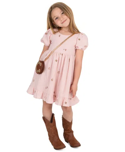 Rare Editions Kids' Girls' 2t-6x Embroidered Gauze Puff Sleeve Dress With Bag In Pink