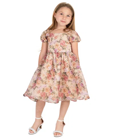 Rare Editions Kids' Girls' 2t-6x Floral Print Shimmer Organza Puff Sleeve Dress In Neutral