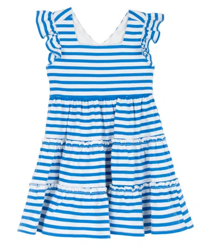 Rare Editions Kids' Girls' 2t-6x Jersey Knit Stripe Flutter Sleeve Tiered Dress In Blue