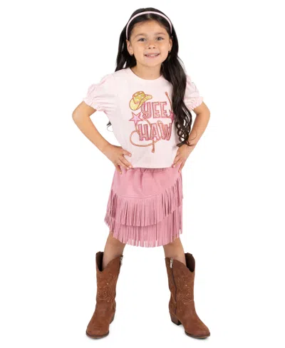 Rare Editions Kids' Girls' 2t-6x Knit Top And Suede Fringe Skirt, 2-piece Set In Pink