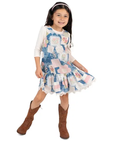 Rare Editions Kids' Girls' 2t-6x Long-sleeve Knit Top And Patchwork Digital Print Jumper, 2-piece Set In Blue