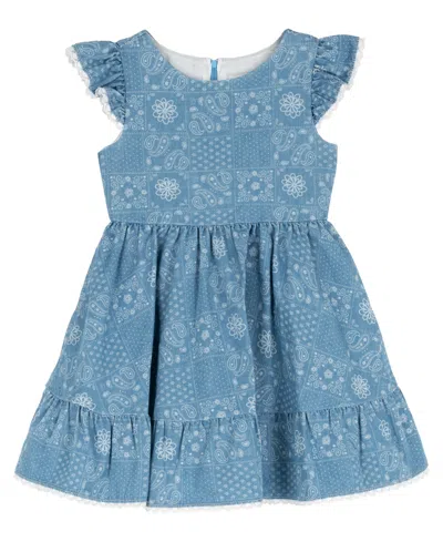 Rare Editions Kids' Girls' 2t-6x Printed Denim Flutter Sleeve Tiered Dress In Blue
